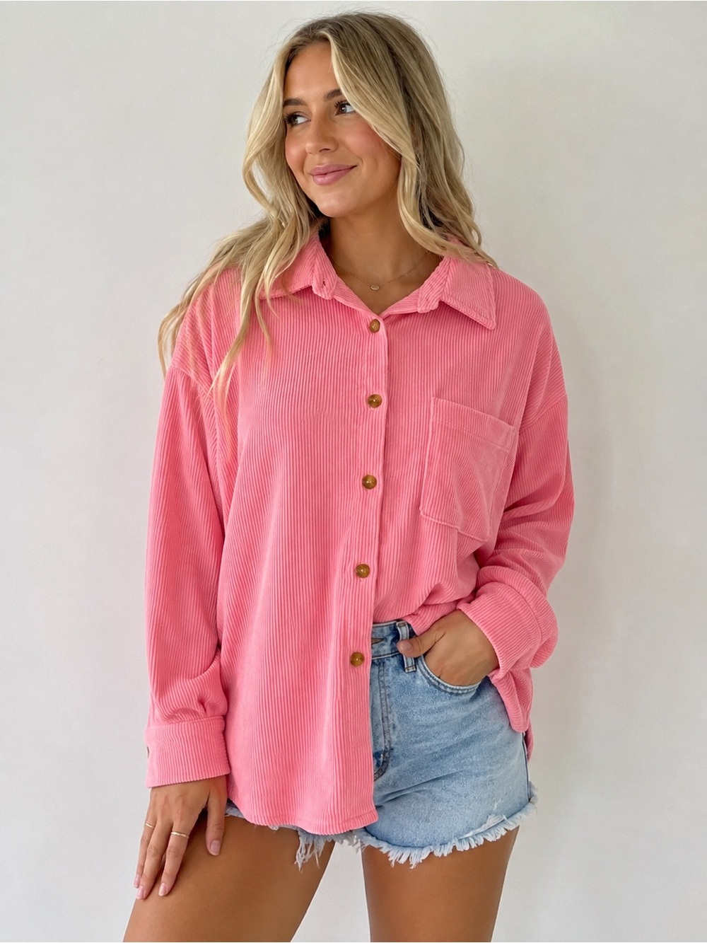 Blu Pepper Pink Ribbed Corduroy Shacket Button Front Size Small